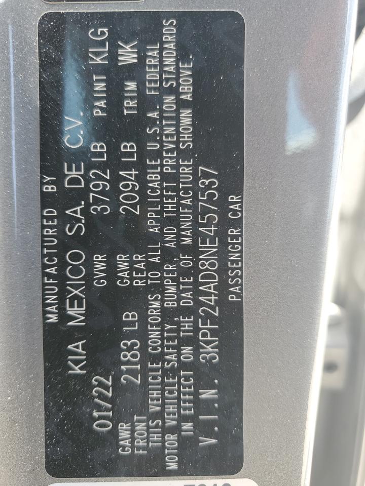 2022 KIA FORTE FE VIN:3KPF24AD8NE457537