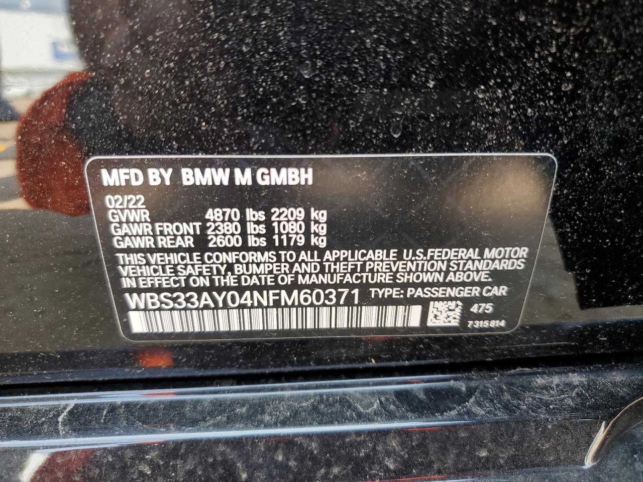 2022 BMW M3 COMPETITION VIN:WBS33AY04NFM60371