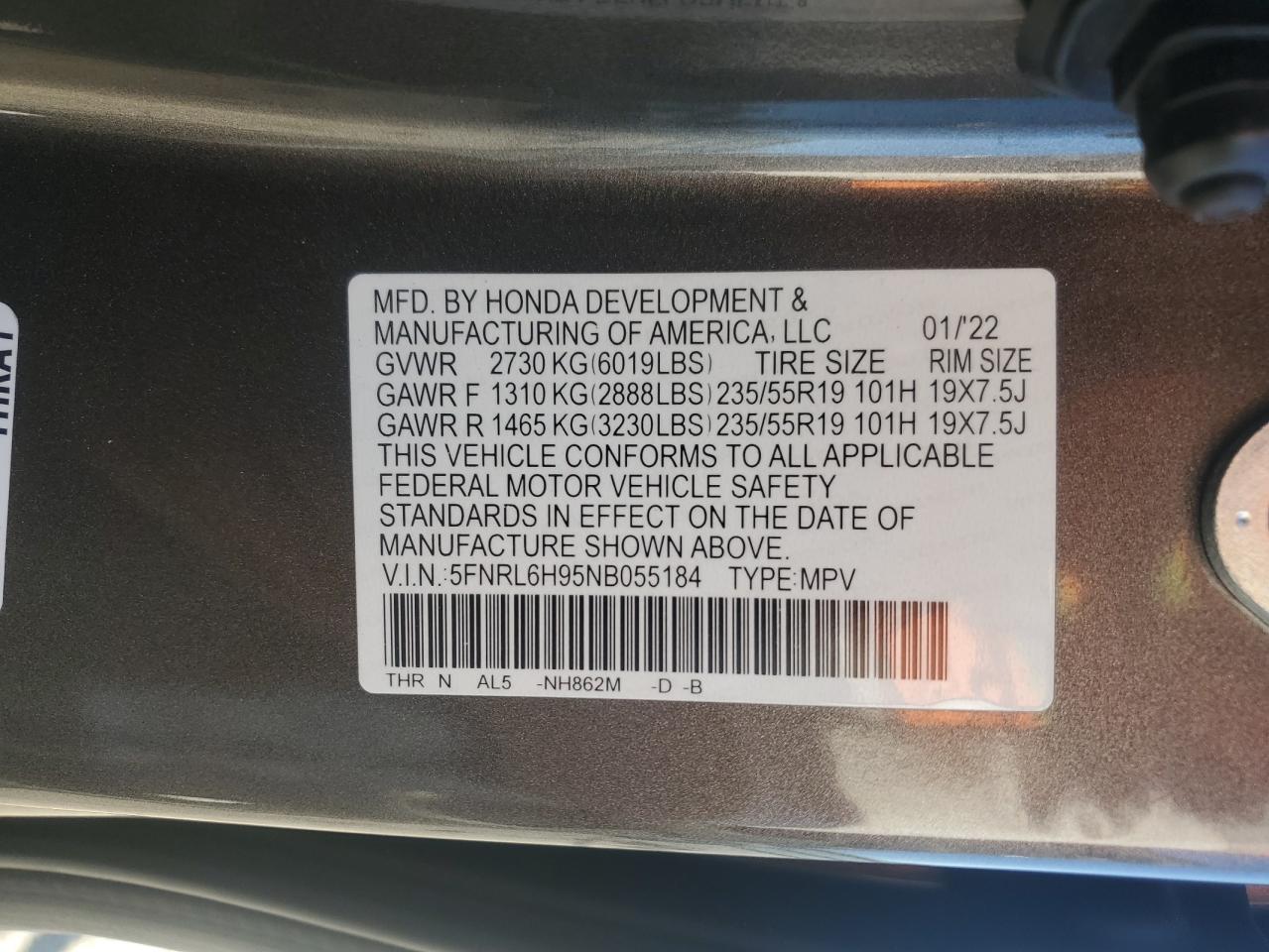 2022 HONDA ODYSSEY ELITE VIN:5FNRL6H95NB055184