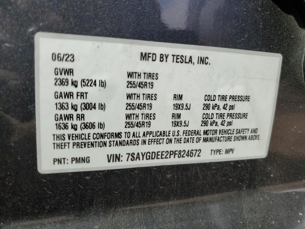 2023 TESLA MODEL Y  VIN:7SAYGDEE2PF824672