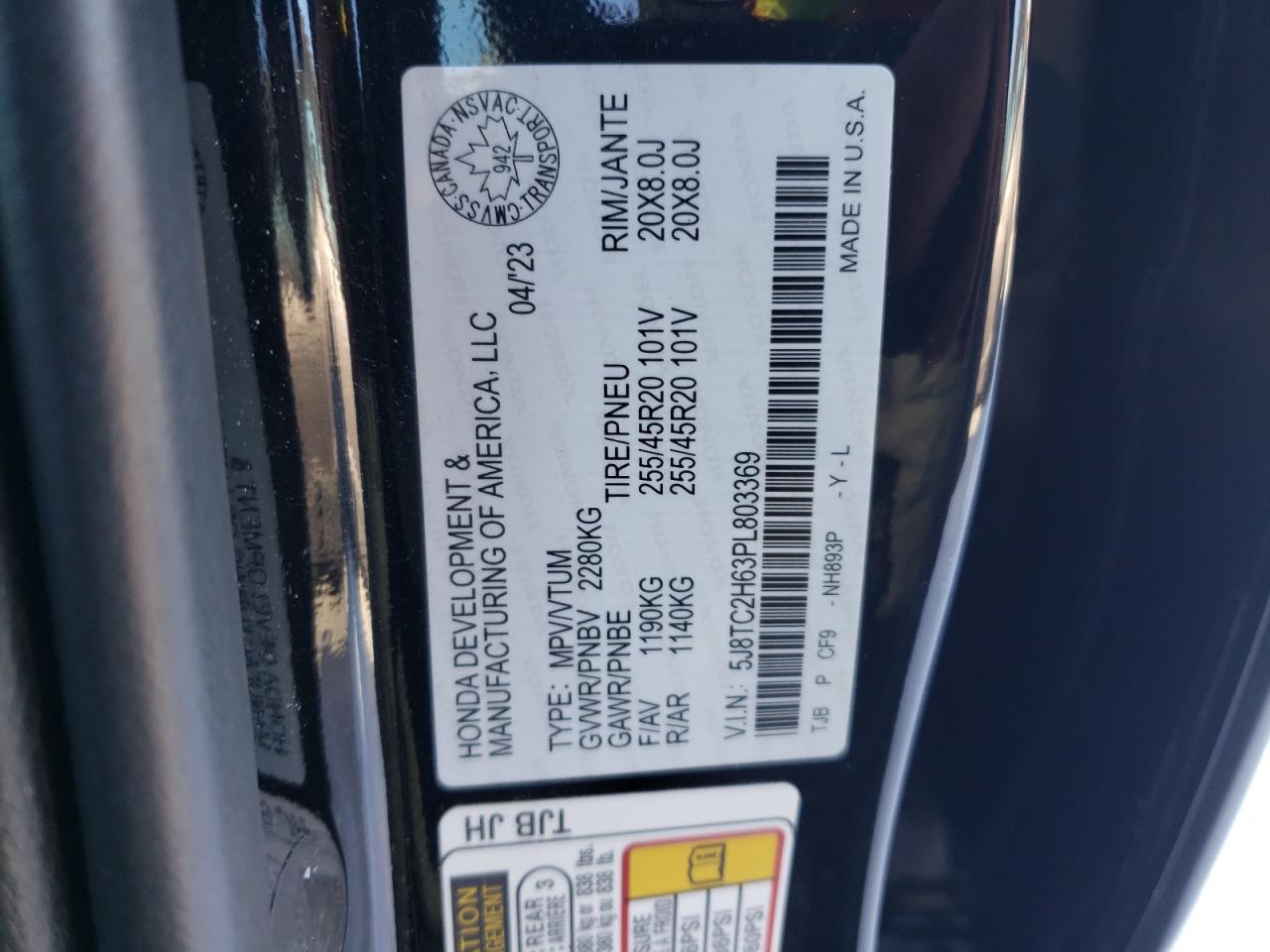 2023 ACURA RDX A-SPEC VIN:5J8TC2H63PL803369