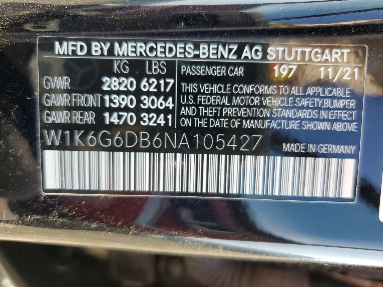 2022 MERCEDES-BENZ S 500 4MATIC VIN:W1K6G6DB6NA105427