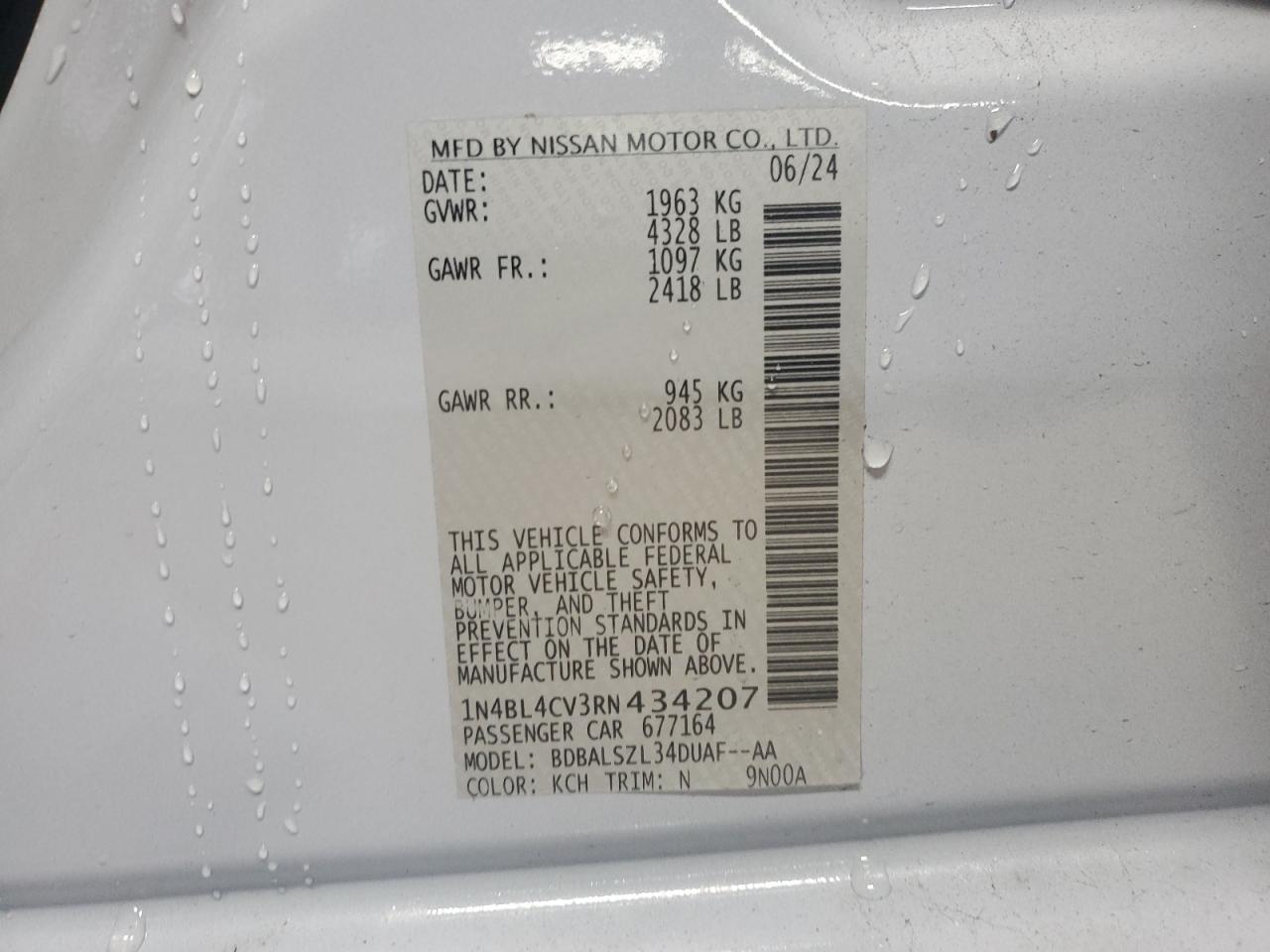 2024 NISSAN ALTIMA SR VIN:1N4BL4CV3RN434207