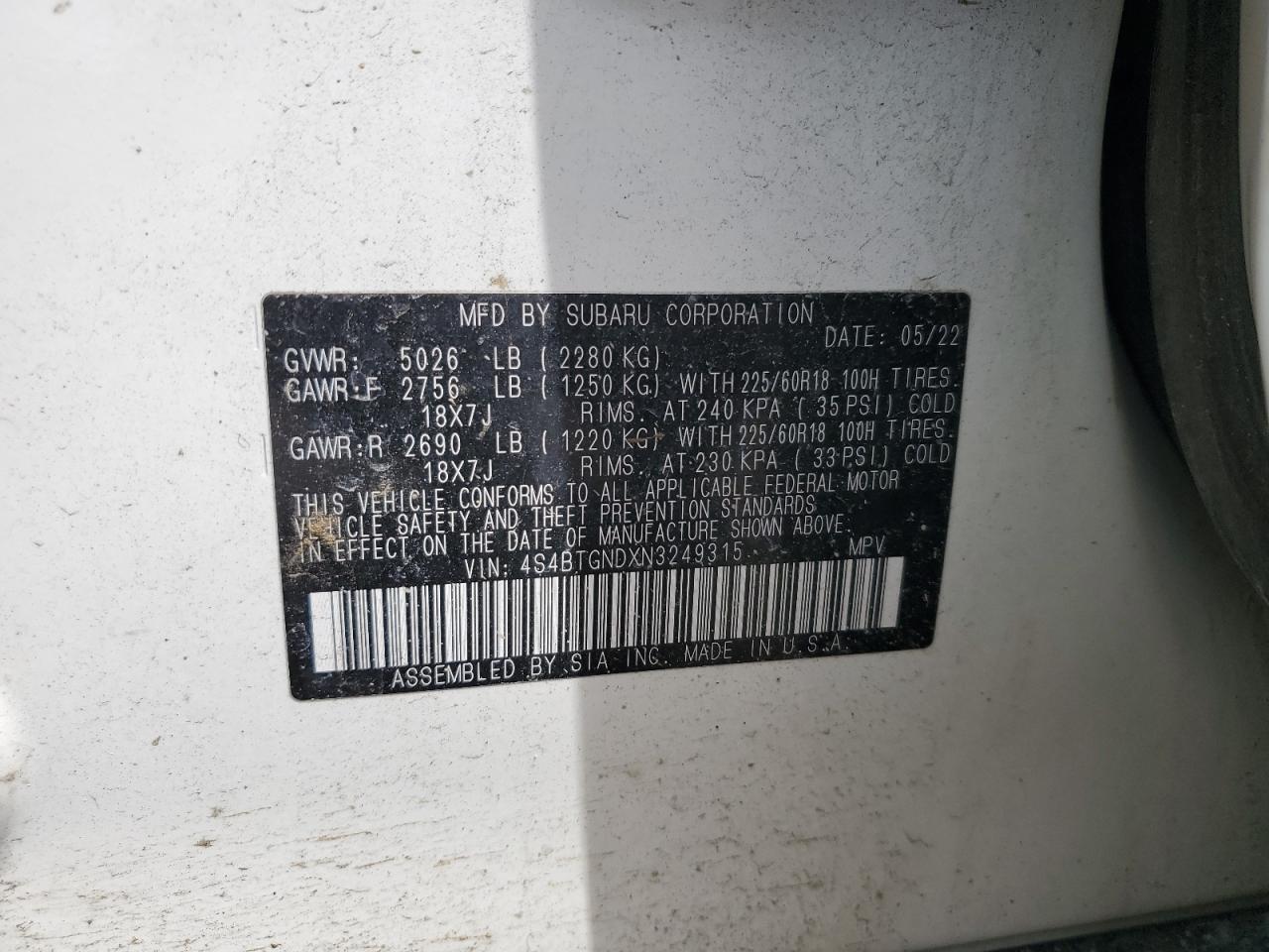 2022 SUBARU OUTBACK LIMITED XT VIN:4S4BTGNDXN3249315