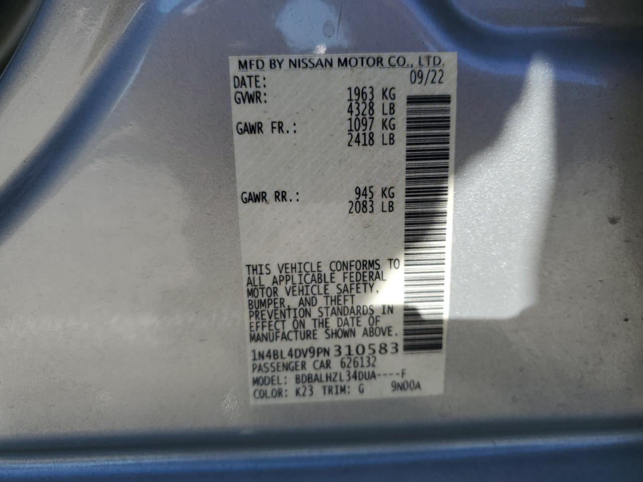 2023 NISSAN ALTIMA SV VIN:1N4BL4DV9PN310583