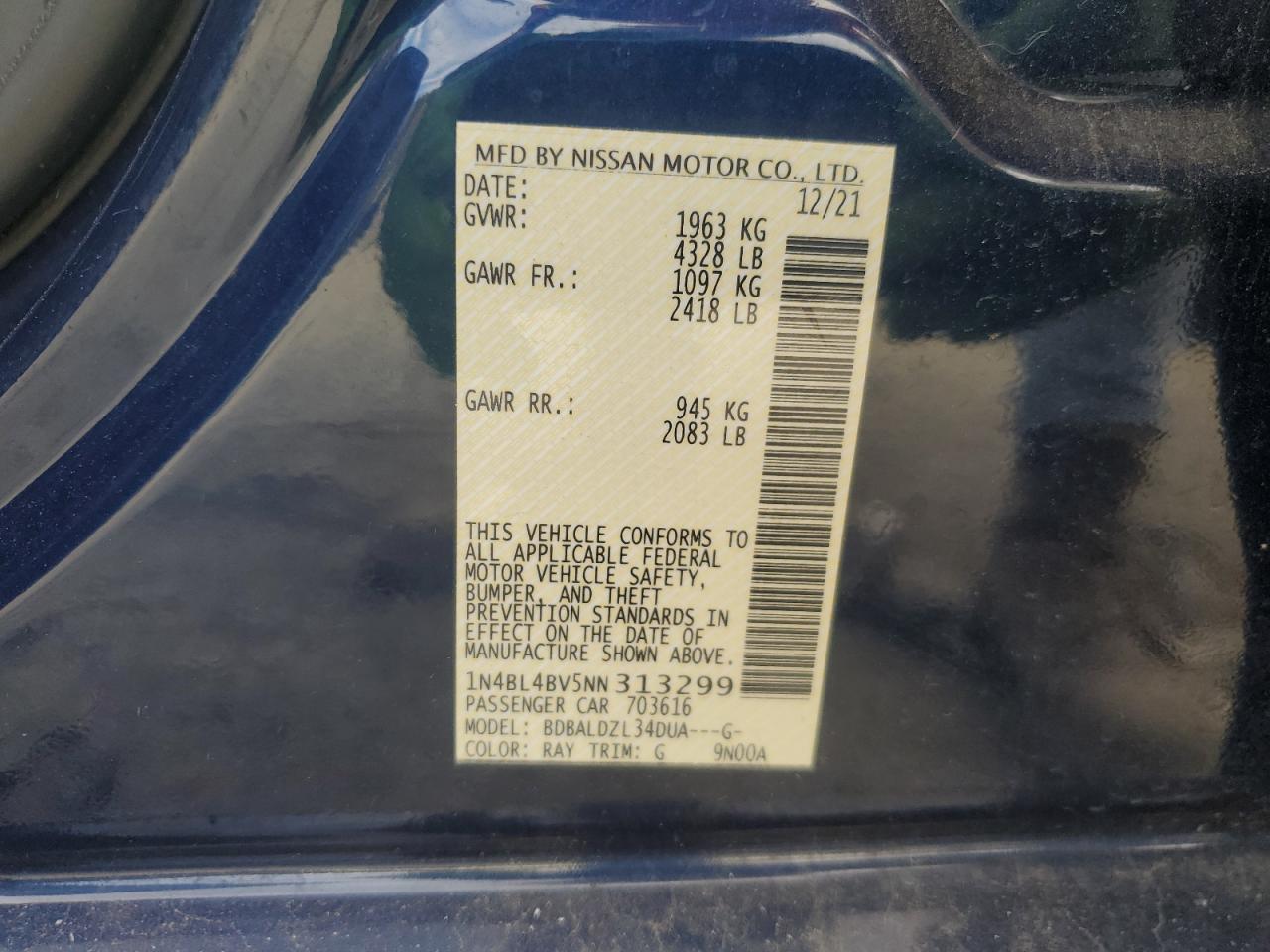 2022 NISSAN ALTIMA S VIN:1N4BL4BV5NN313299