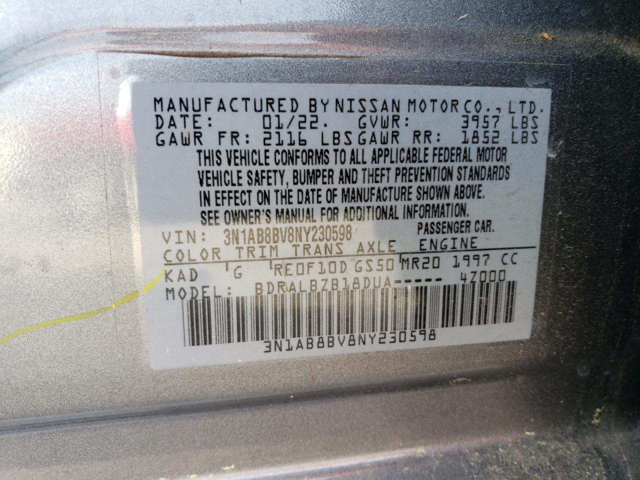 2022 NISSAN SENTRA S VIN:3N1AB8BV8NY230598