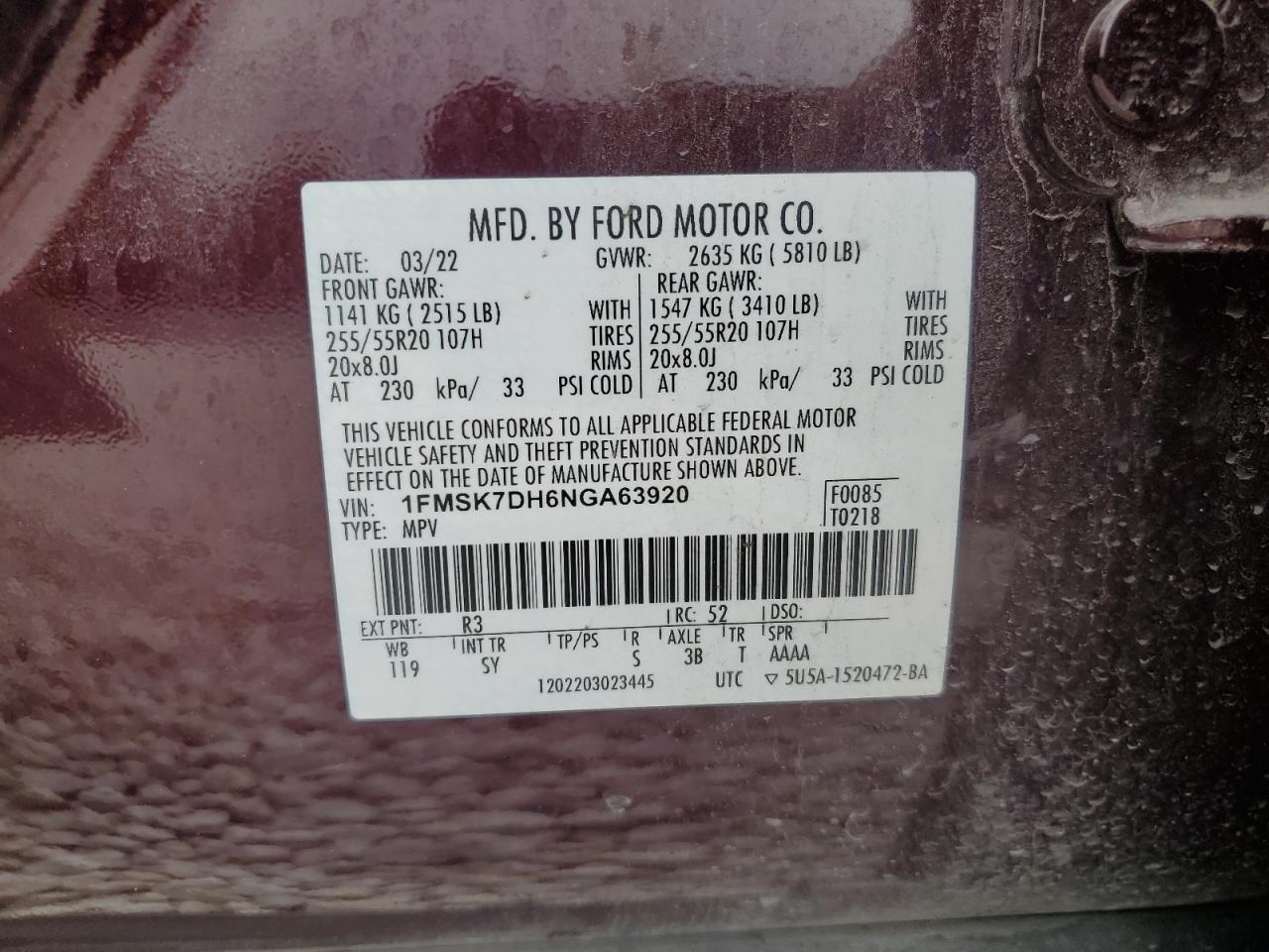 2022 FORD EXPLORER XLT VIN:1FMSK7DH6NGA63920