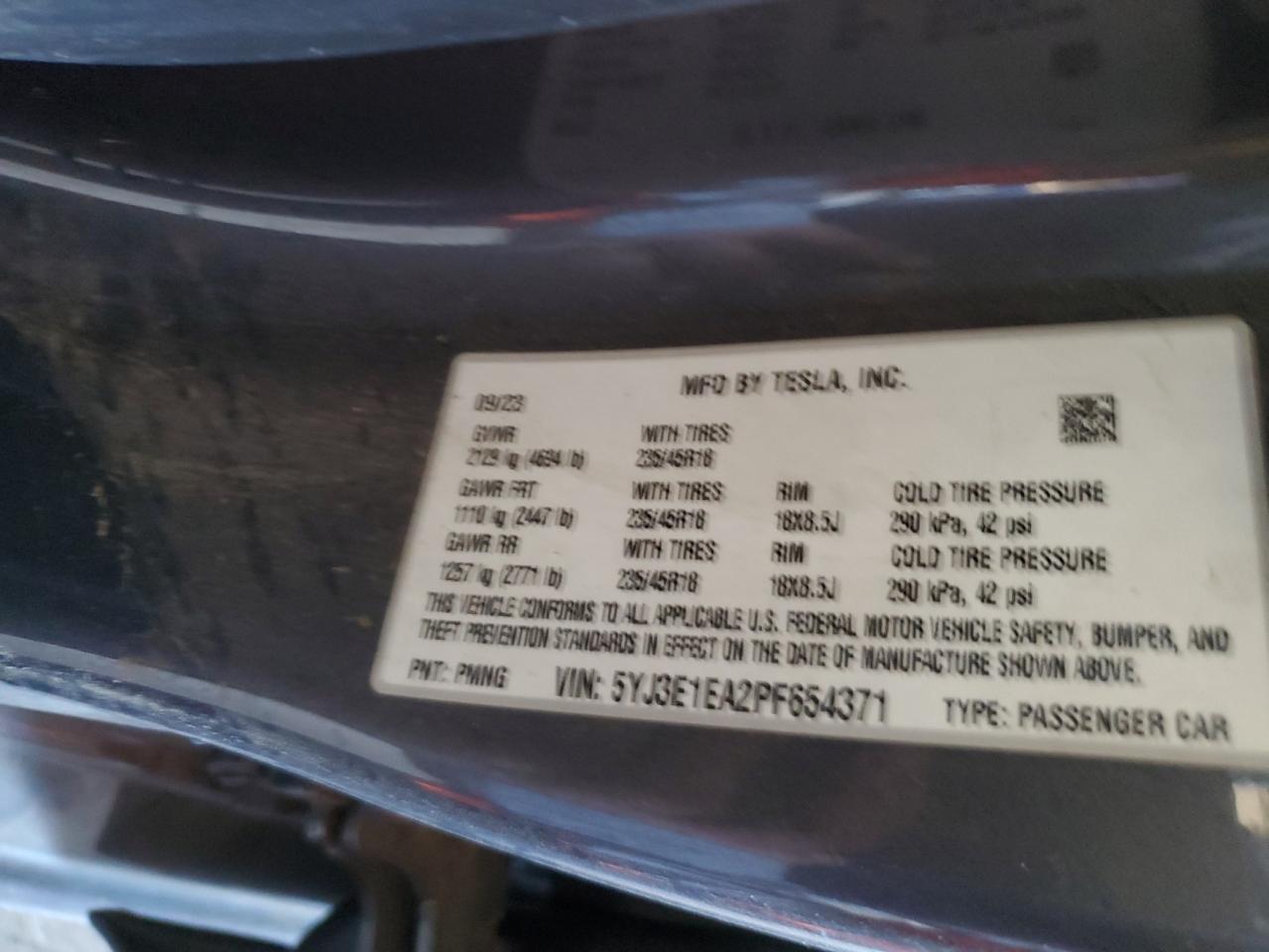2023 TESLA MODEL 3  VIN:5YJ3E1EA2PF654371