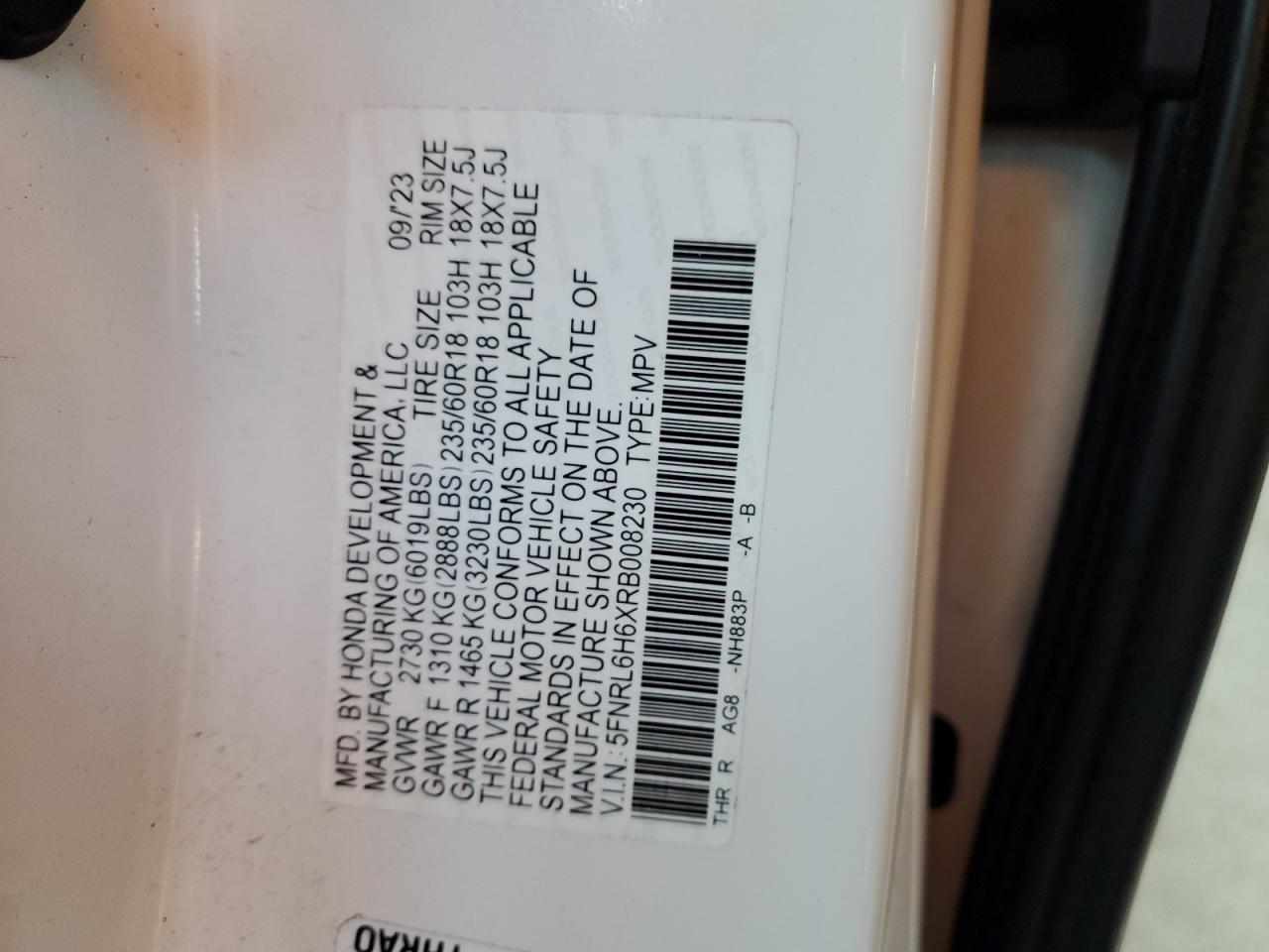 2024 HONDA ODYSSEY EXL VIN:5FNRL6H6XRB008230