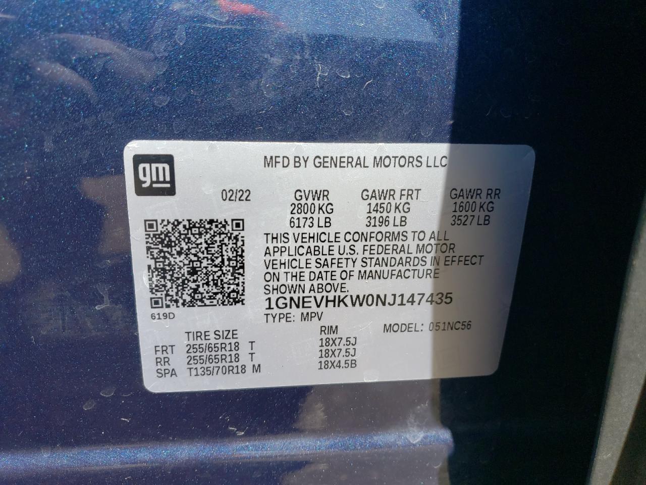 2022 CHEVROLET TRAVERSE LT VIN:1GNEVHKW0NJ147435