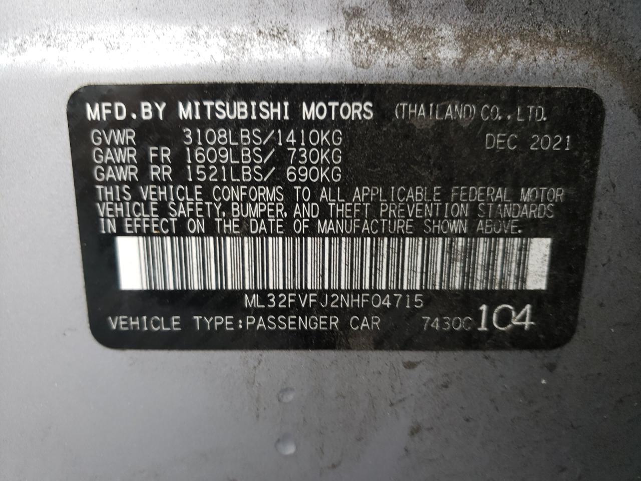 2022 MITSUBISHI MIRAGE G4 SE VIN:ML32FVFJ2NHF04715