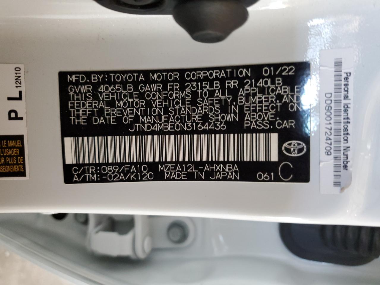 2022 TOYOTA COROLLA SE VIN:JTND4MBE0N3164436