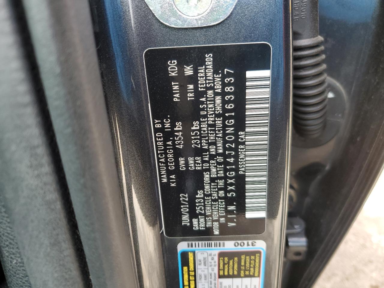 2022 KIA K5 LXS VIN:5XXG14J20NG163837