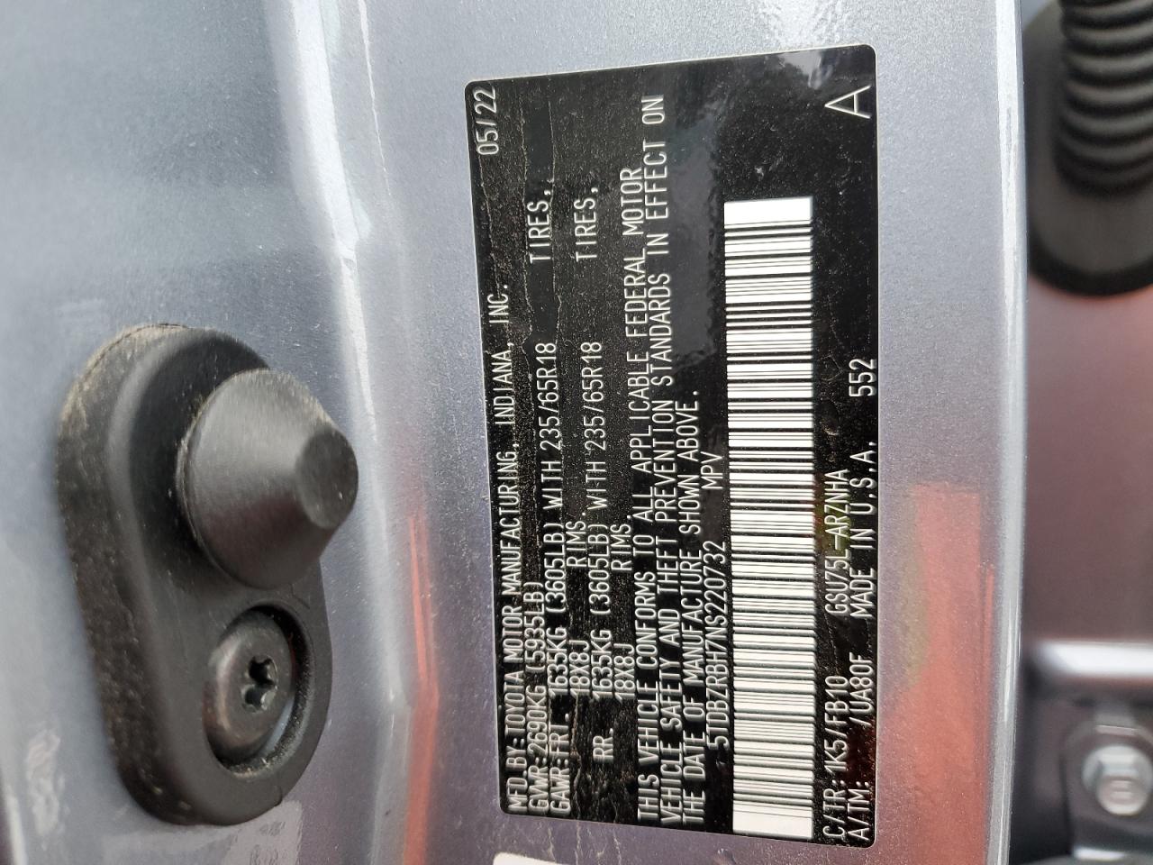 2022 TOYOTA HIGHLANDER L VIN:5TDBZRBH7NS220732