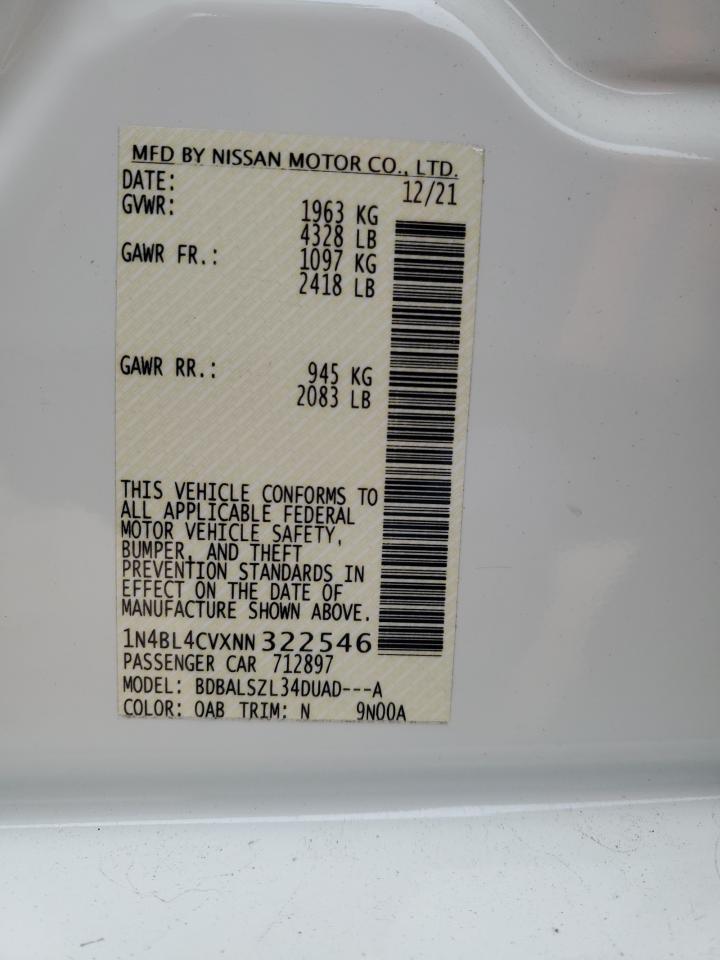 2022 NISSAN ALTIMA SR VIN:1N4BL4CVXNN322546