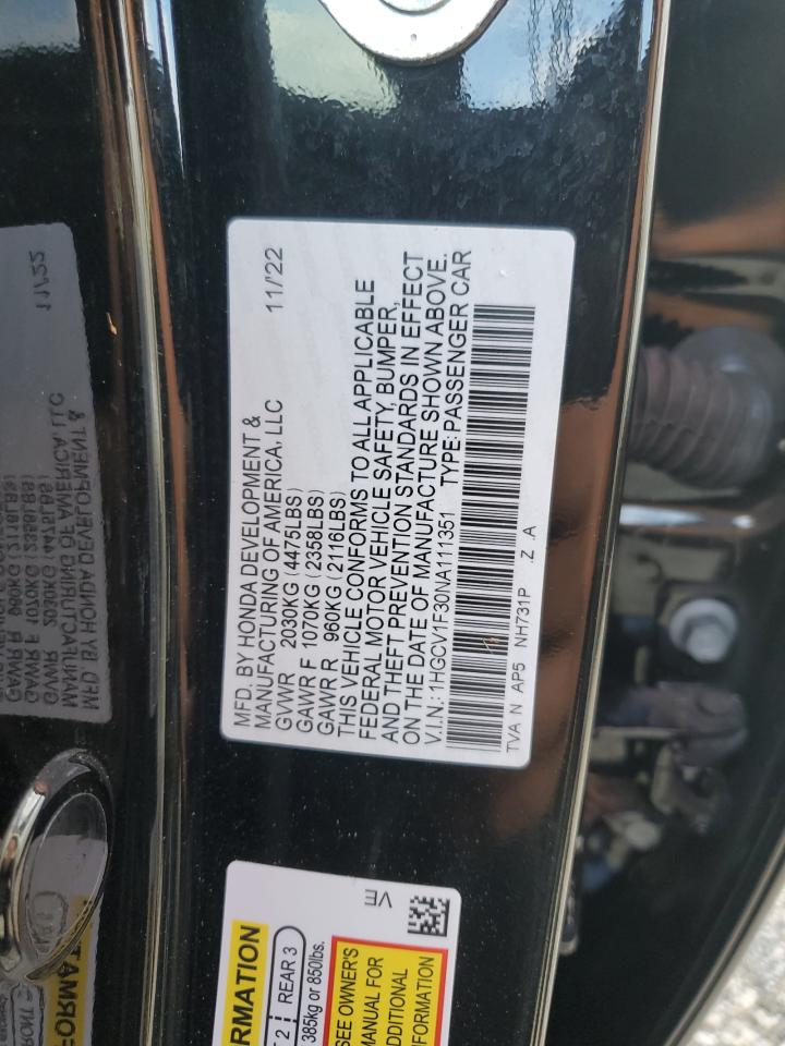 2022 HONDA ACCORD SPORT VIN:1HGCV1F30NA111351