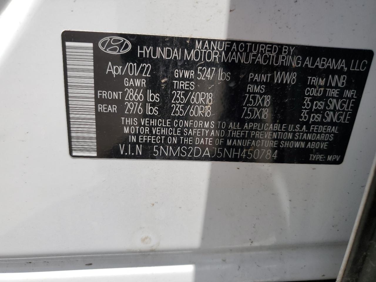 2022 HYUNDAI SANTA FE SEL VIN:5NMS2DAJ5NH450784