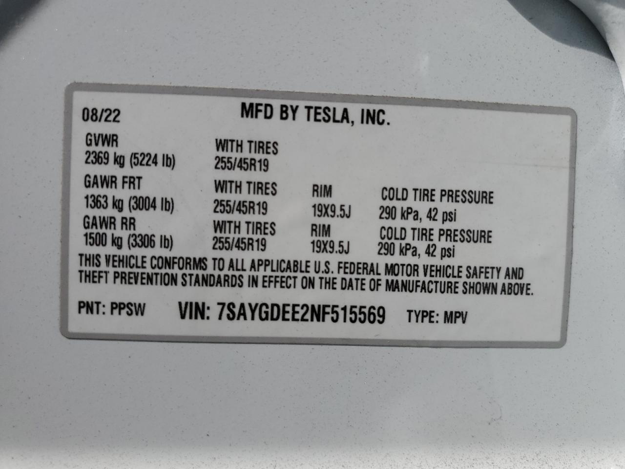 2022 TESLA MODEL Y  VIN:7SAYGDEE2NF515569