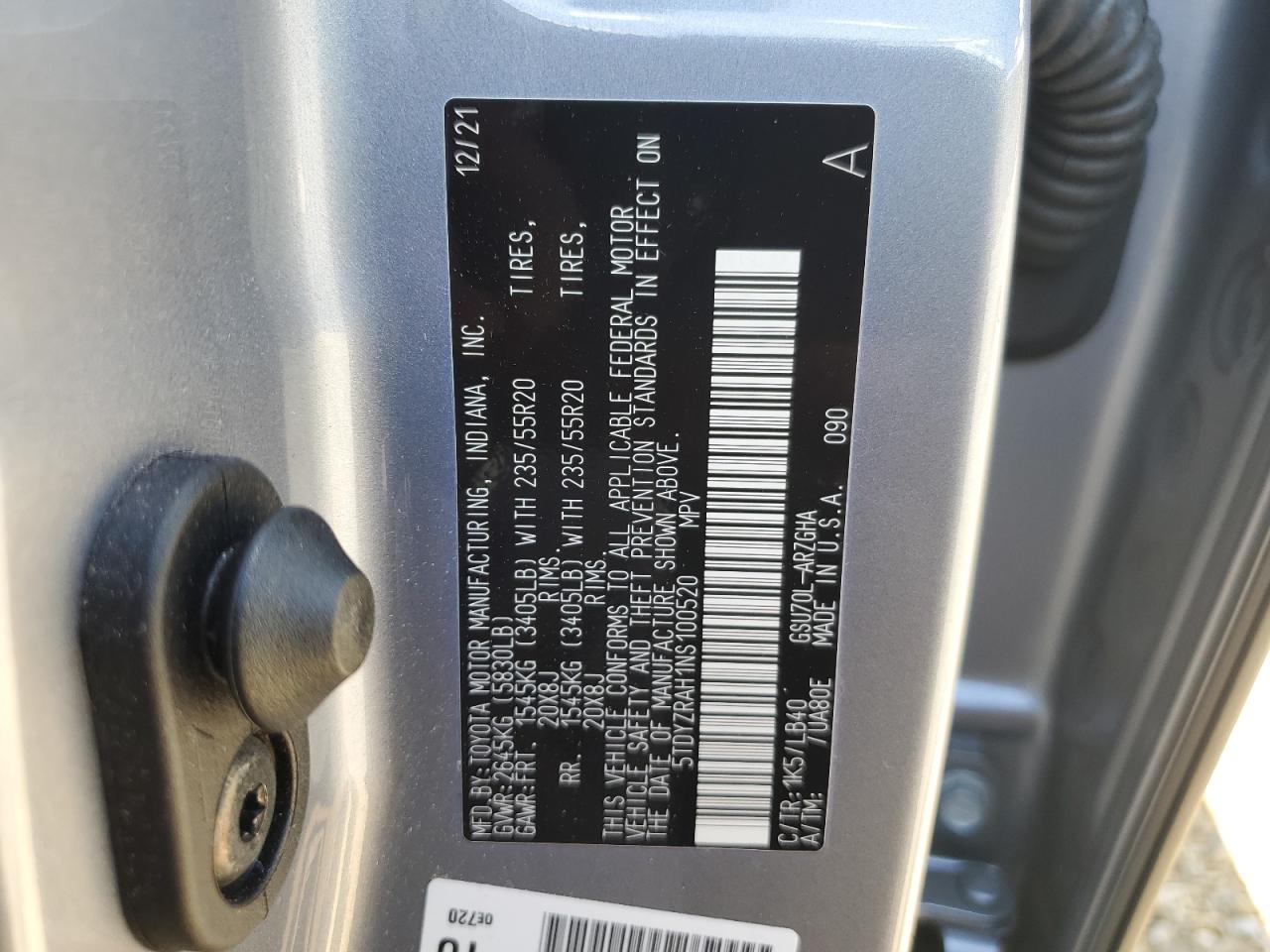 2022 TOYOTA HIGHLANDER LIMITED VIN:5TDYZRAH1NS100520