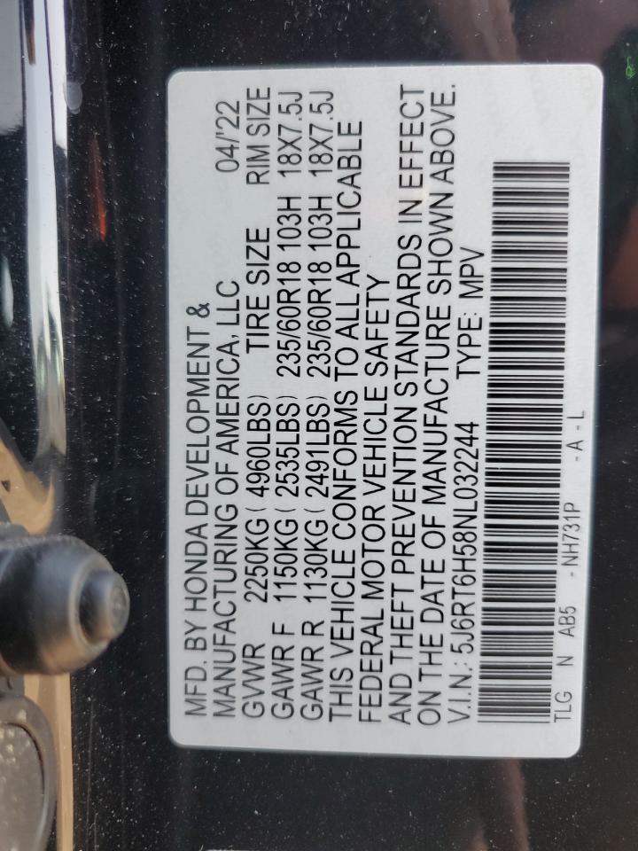 2022 HONDA CR-V EX VIN:5J6RT6H58NL032244