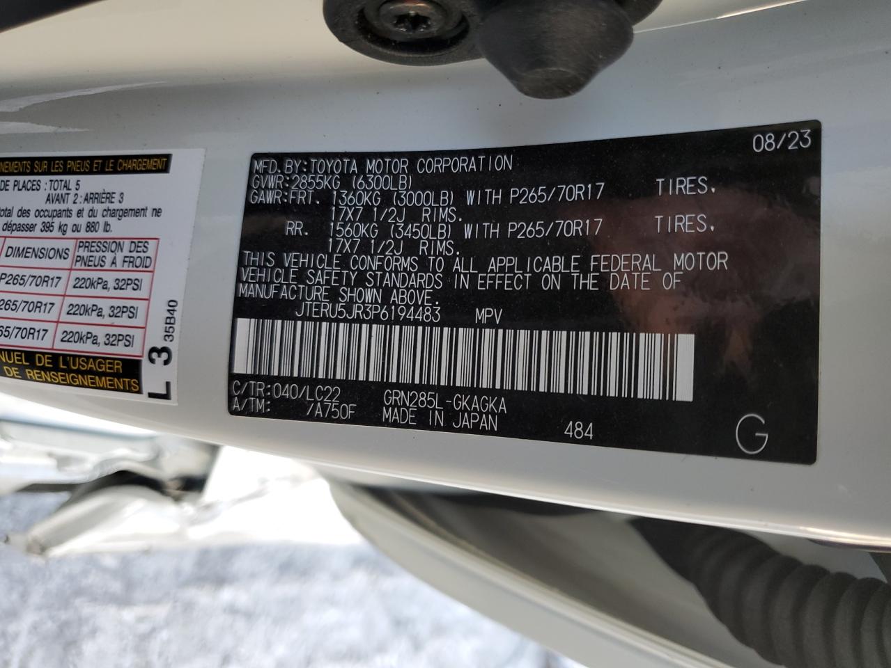 2023 TOYOTA 4RUNNER SE VIN:JTERU5JR3P6194483