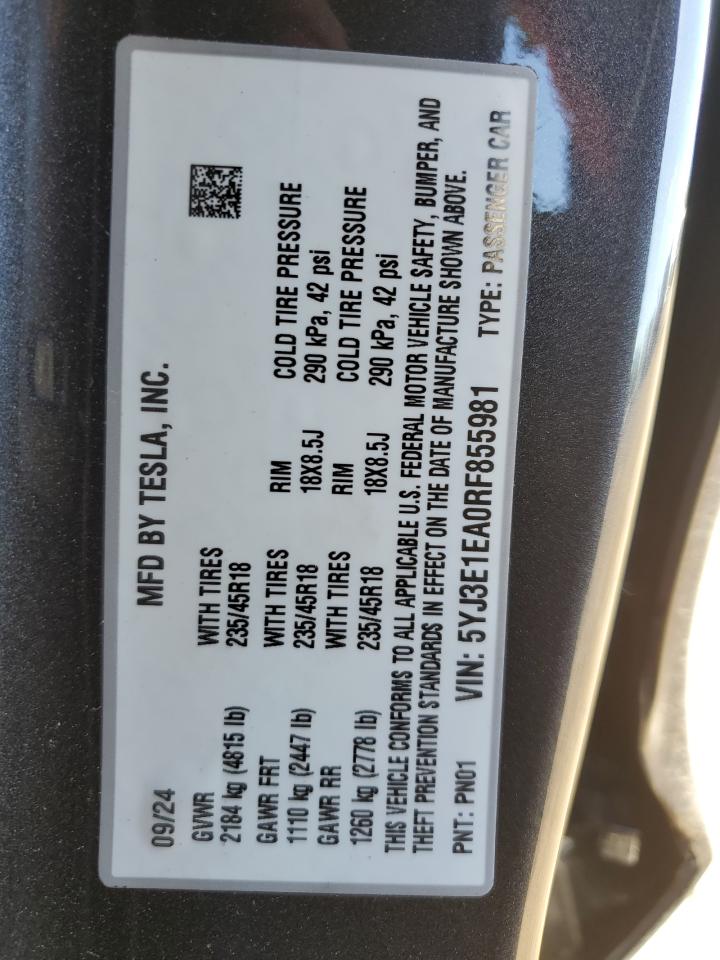 2024 TESLA MODEL 3 VIN:5YJ3E1EA0RF855981