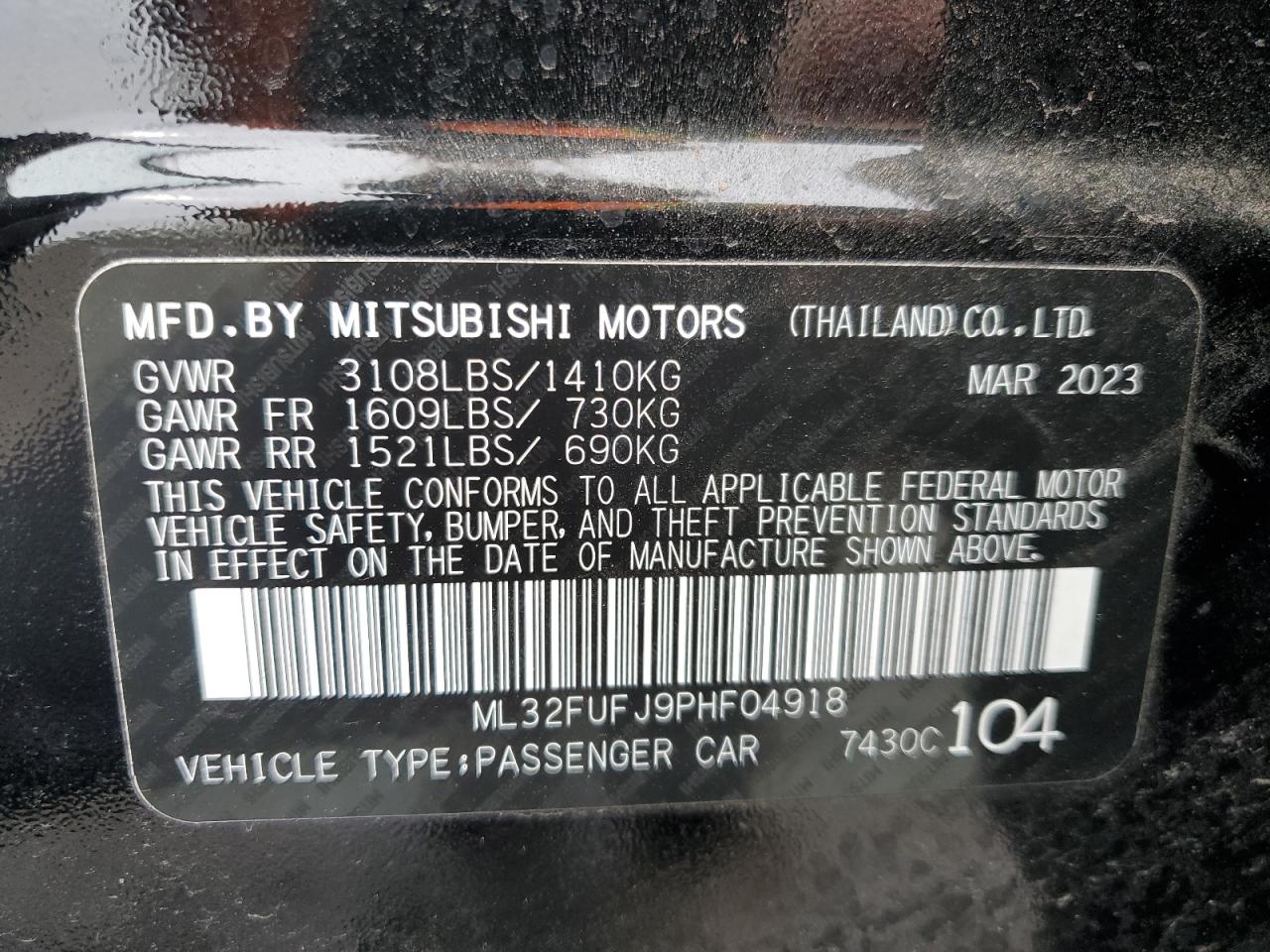 2023 MITSUBISHI MIRAGE G4 ES VIN:ML32FUFJ9PHF04918