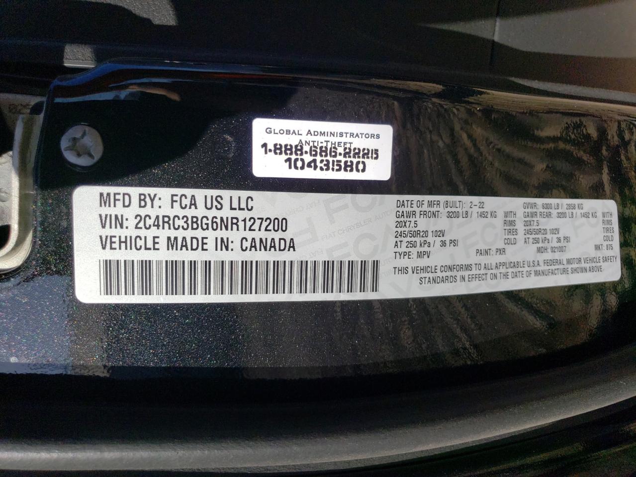 2022 CHRYSLER PACIFICA TOURING L VIN:2C4RC3BG6NR127200