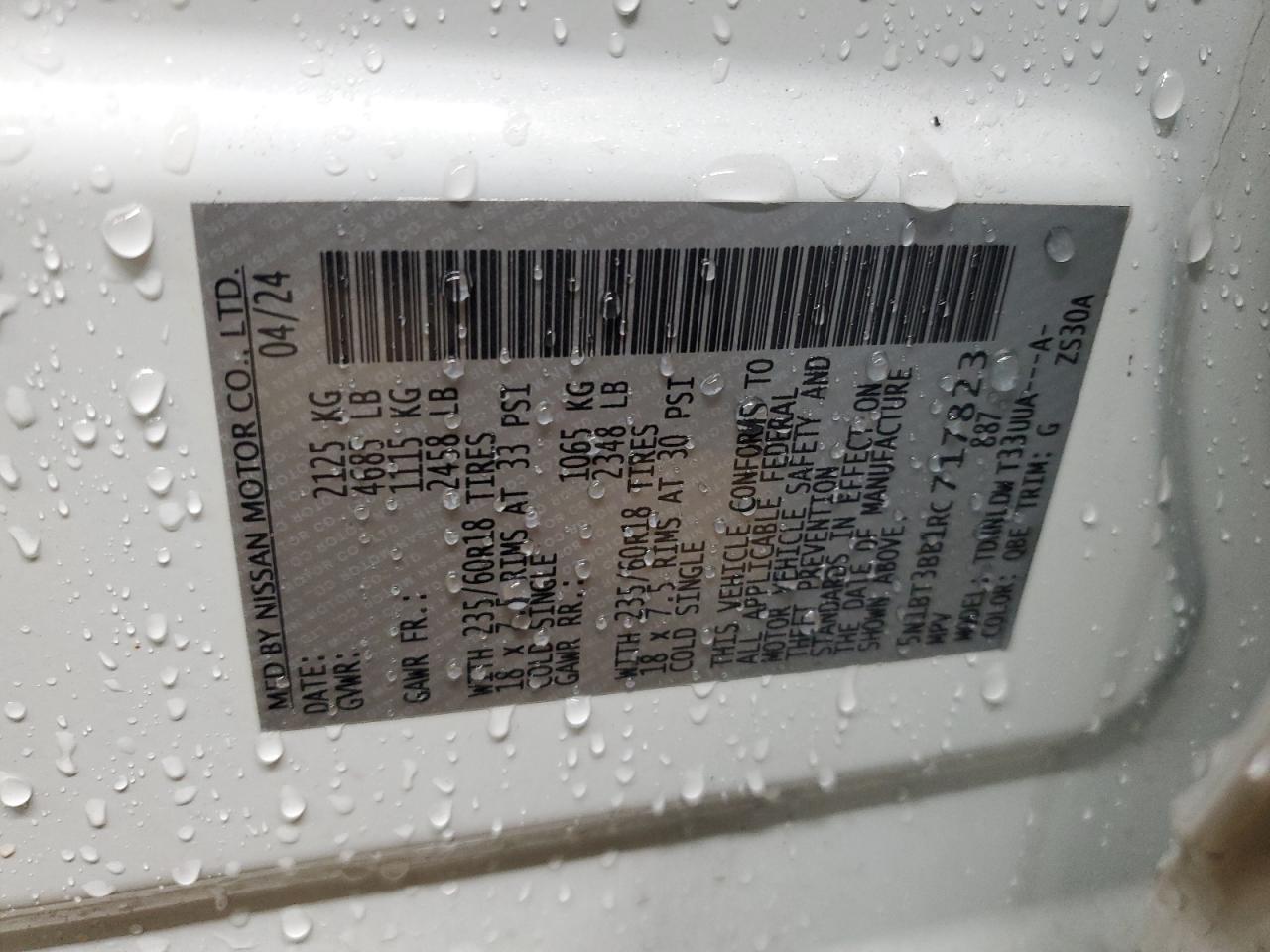 2024 NISSAN ROGUE SV VIN:5N1BT3BB1RC717823