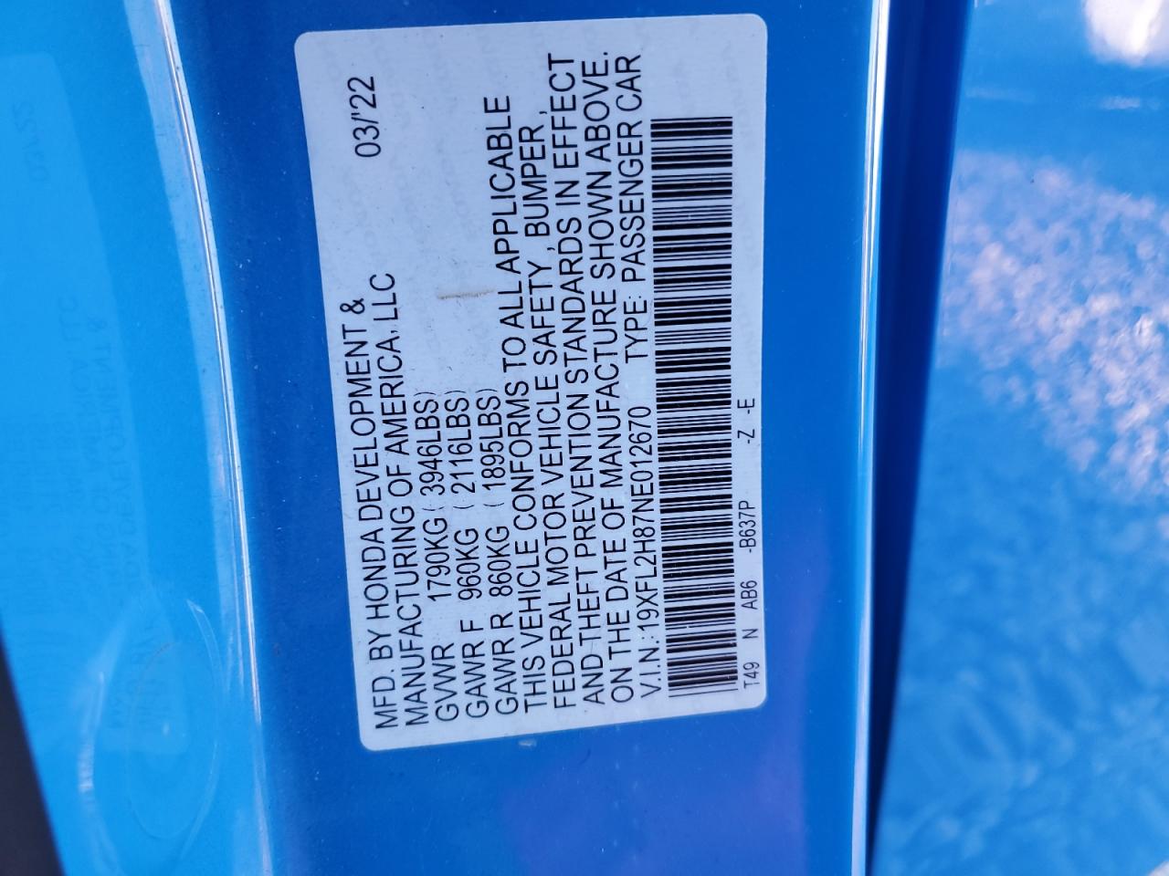 2022 HONDA CIVIC SPORT VIN:19XFL2H87NE012670