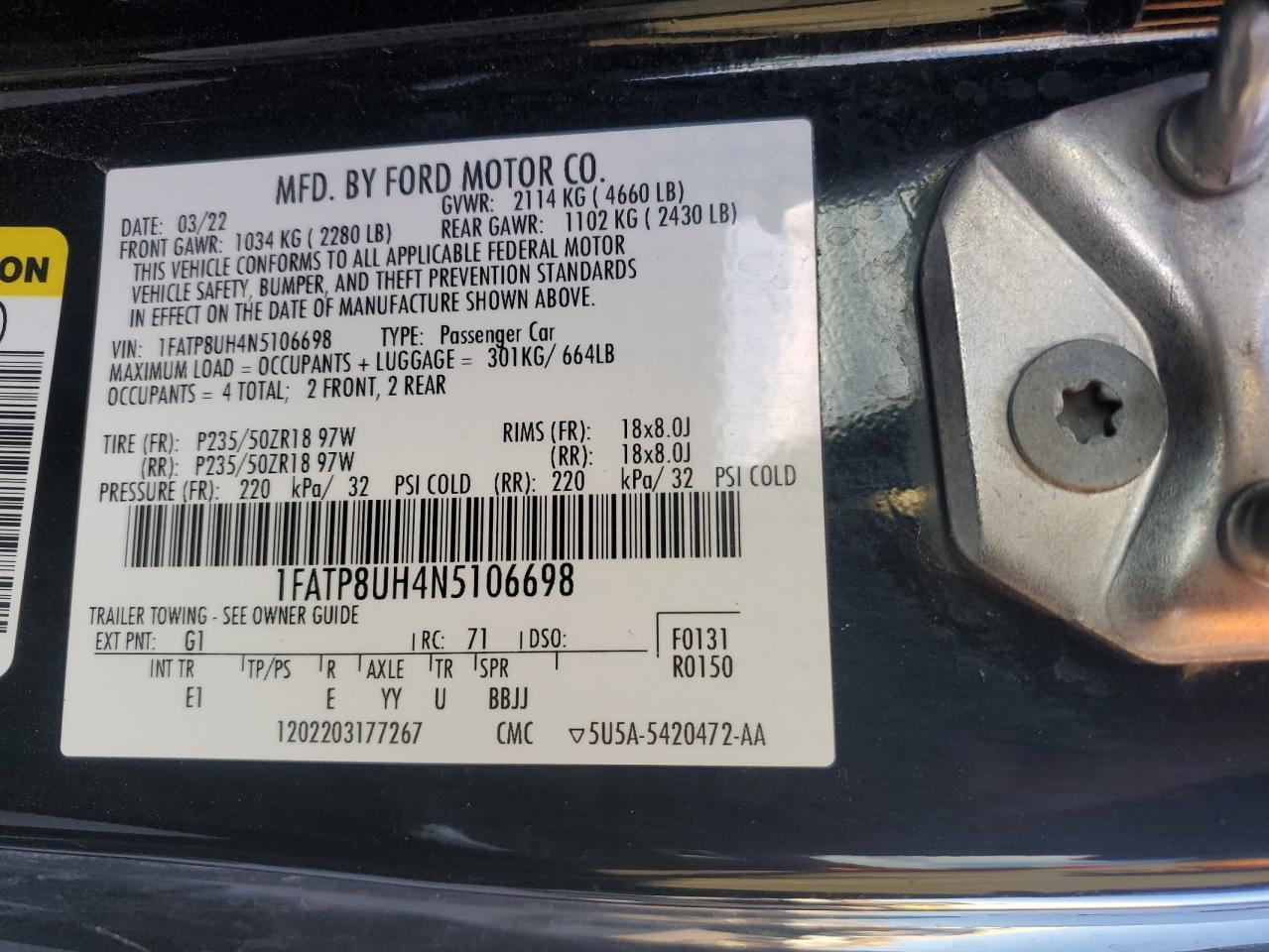 2022 FORD MUSTANG  VIN:1FATP8UH4N5106698