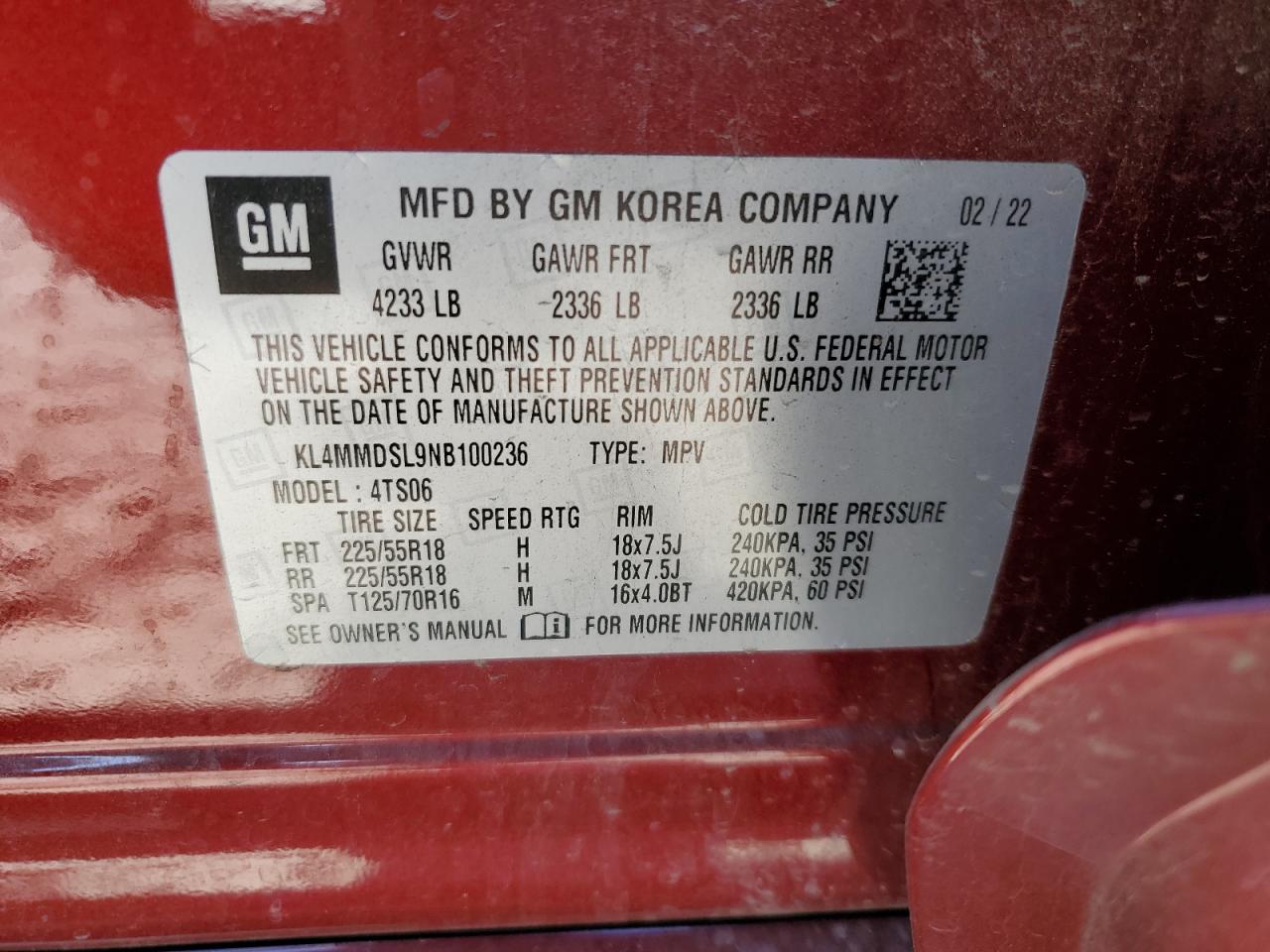 2022 BUICK ENCORE GX SELECT VIN:KL4MMDSL9NB100236