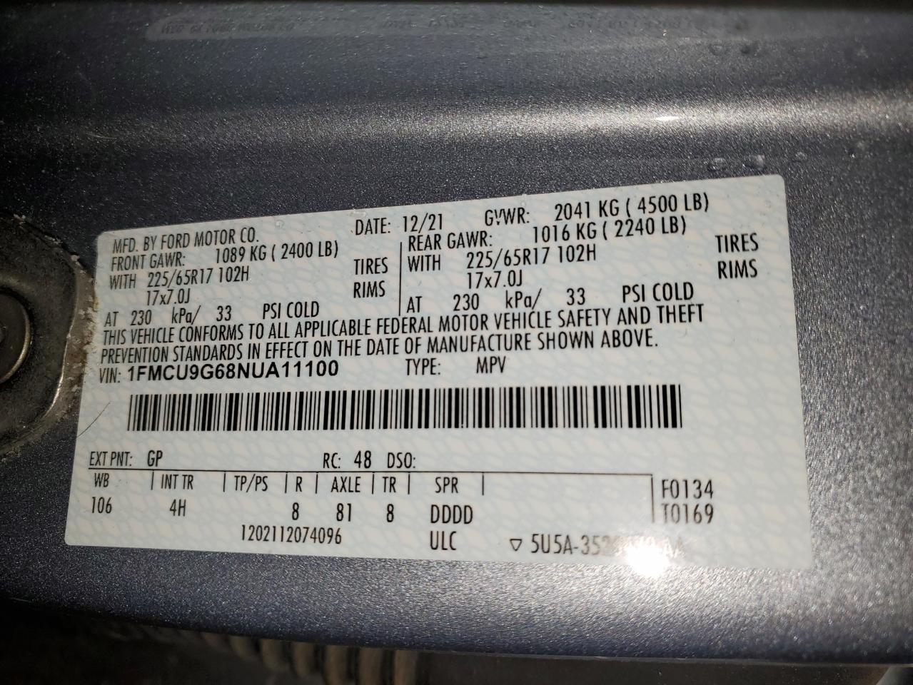 2022 FORD ESCAPE SE VIN:1FMCU9G68NUA11100