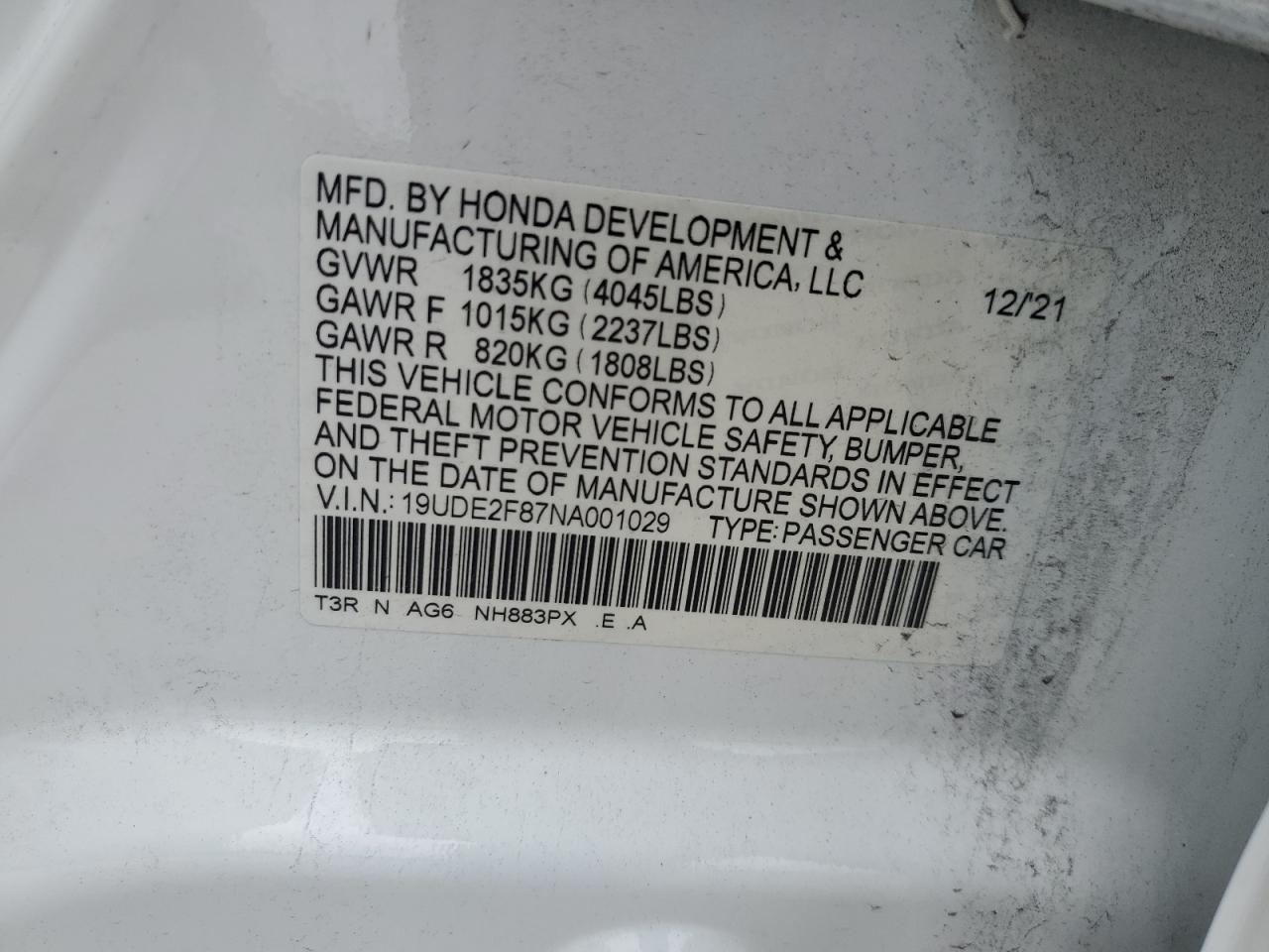 2022 ACURA ILX PREMIUM A-SPEC VIN:19UDE2F87NA001029