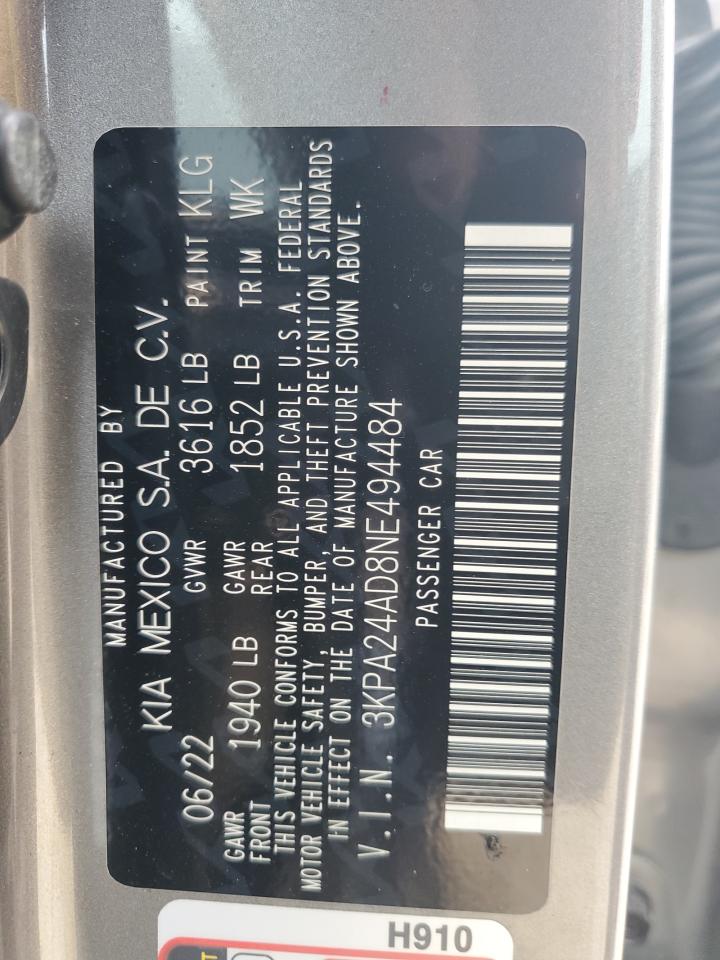 2022 KIA RIO LX VIN:3KPA24AD8NE494484