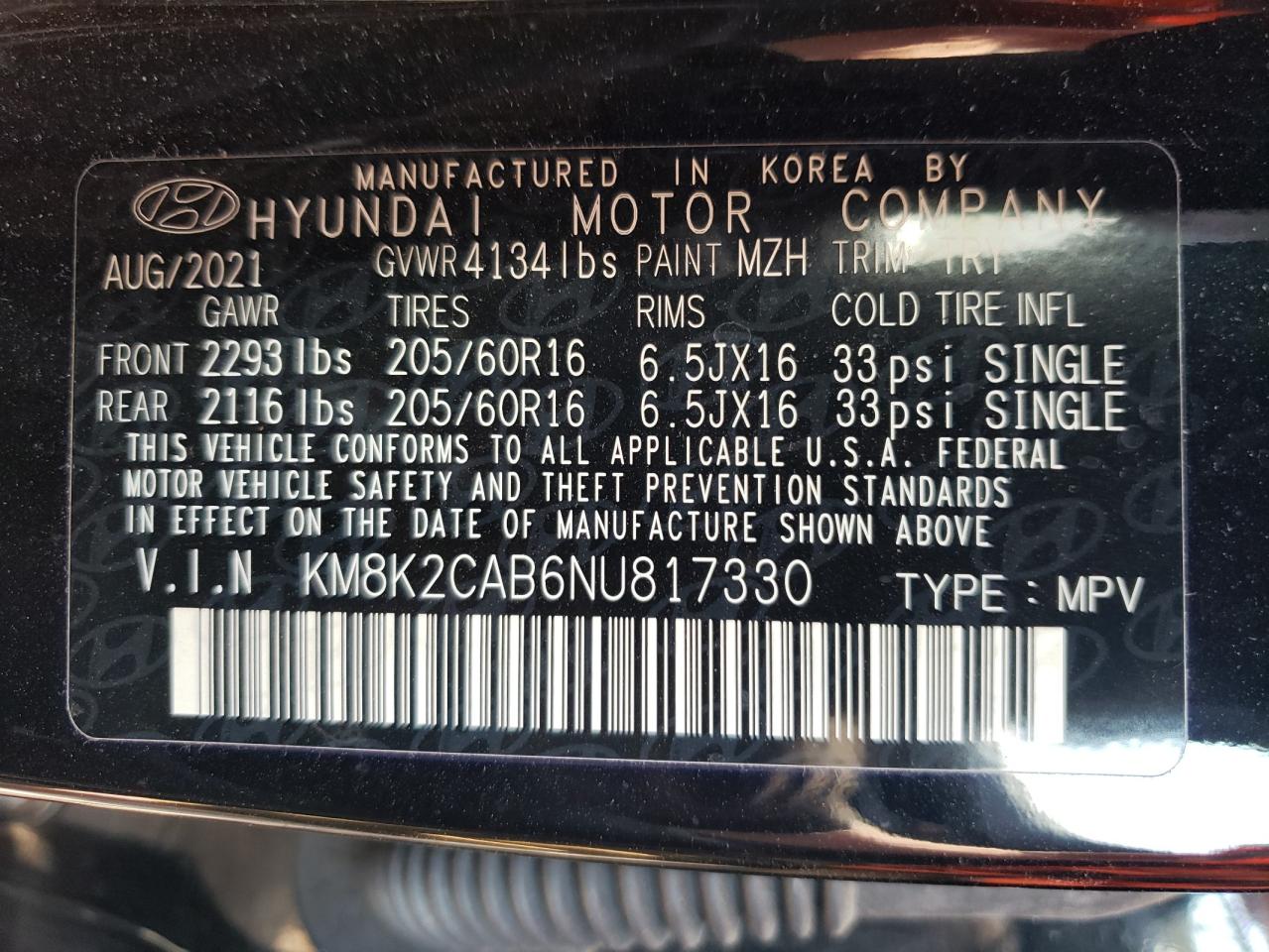 2022 HYUNDAI KONA SEL VIN:KM8K2CAB6NU817330