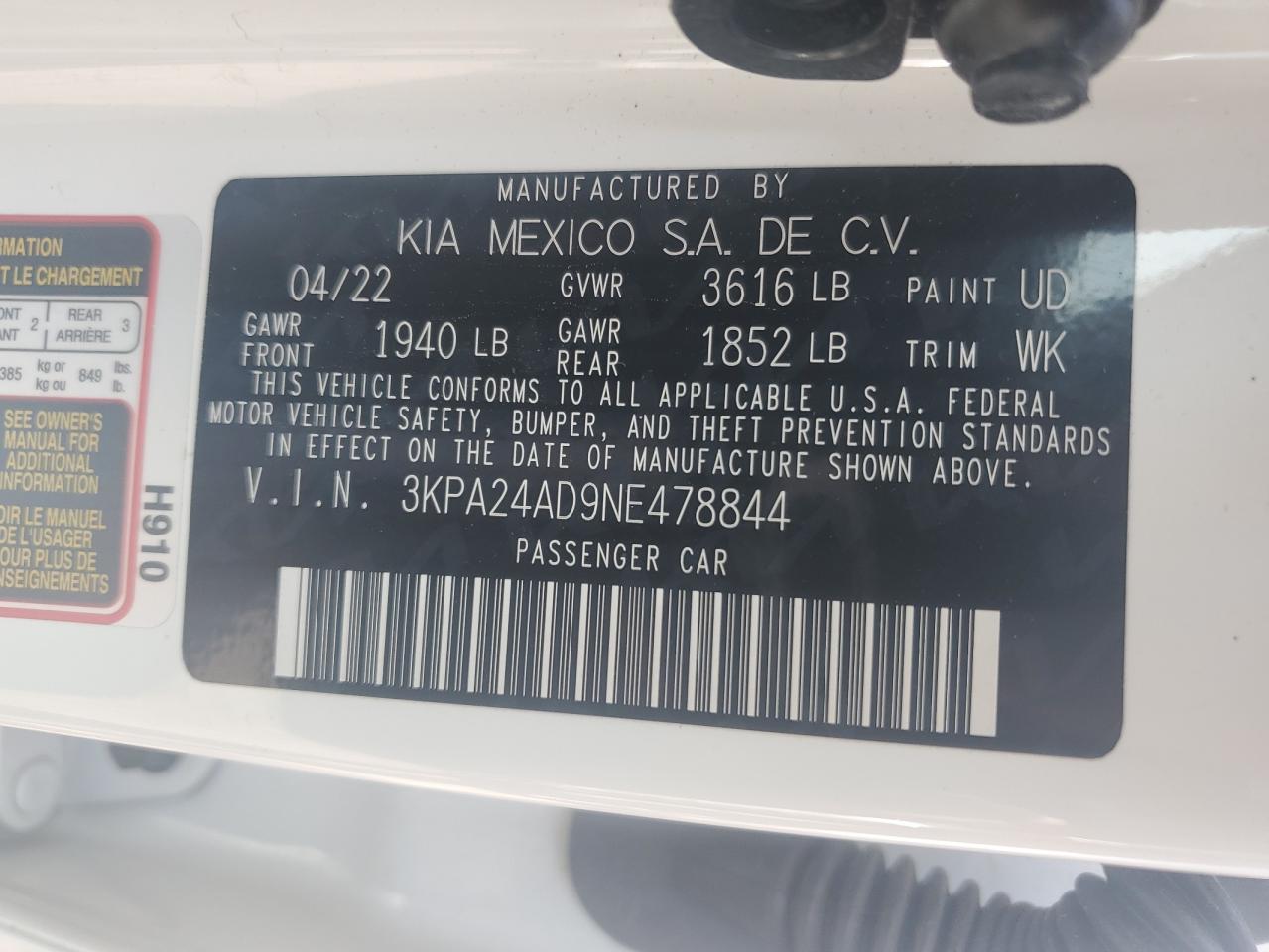 2022 KIA RIO LX VIN:3KPA24AD9NE478844