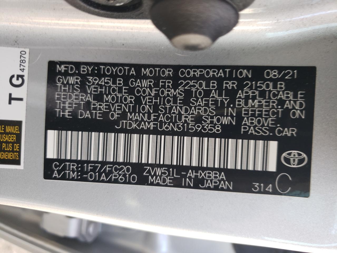 2022 TOYOTA PRIUS NIGHT SHADE VIN:JTDKAMFU6N3159358