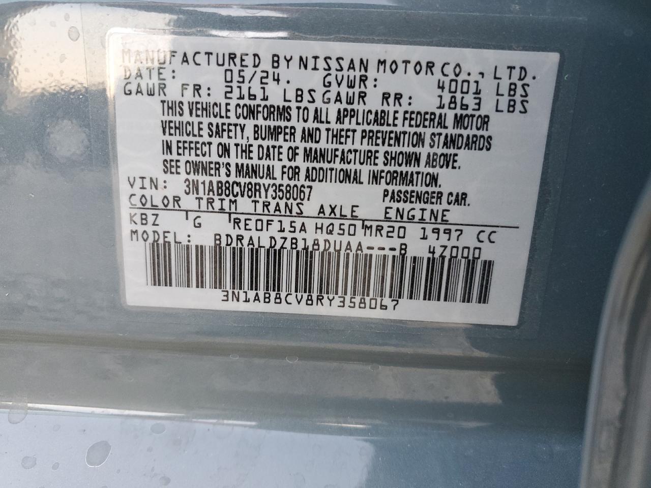 2024 NISSAN SENTRA SV VIN:3N1AB8CV8RY358067
