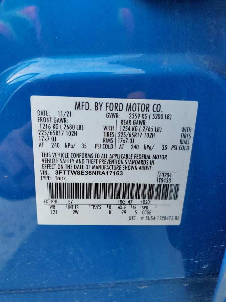 2022 FORD MAVERICK XL VIN:3FTTW8E36NRA17163