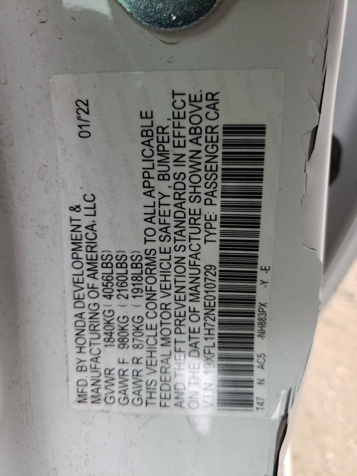 2022 HONDA CIVIC EXL VIN:19XFL1H72NE010729