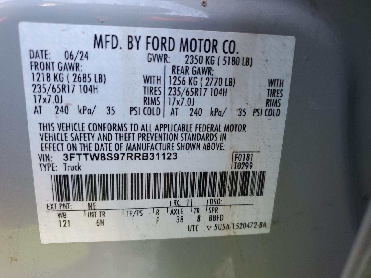 2024 FORD MAVERICK LARIAT VIN:3FTTW8S97RRB31123