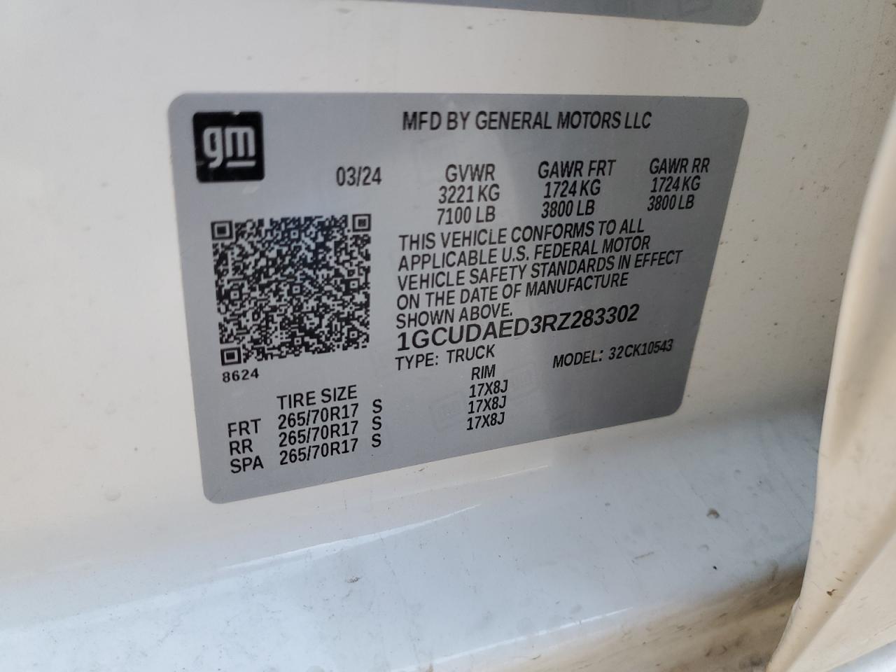 2024 CHEVROLET SILVERADO K1500 VIN:1GCUDAED3RZ283302