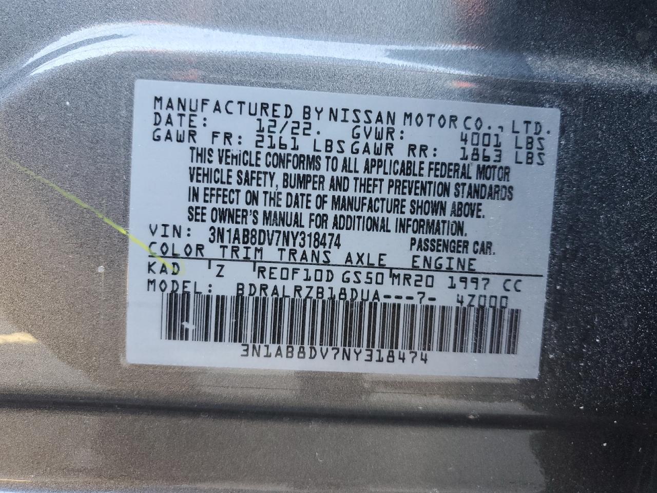 2022 NISSAN SENTRA SR VIN:3N1AB8DV7NY318474