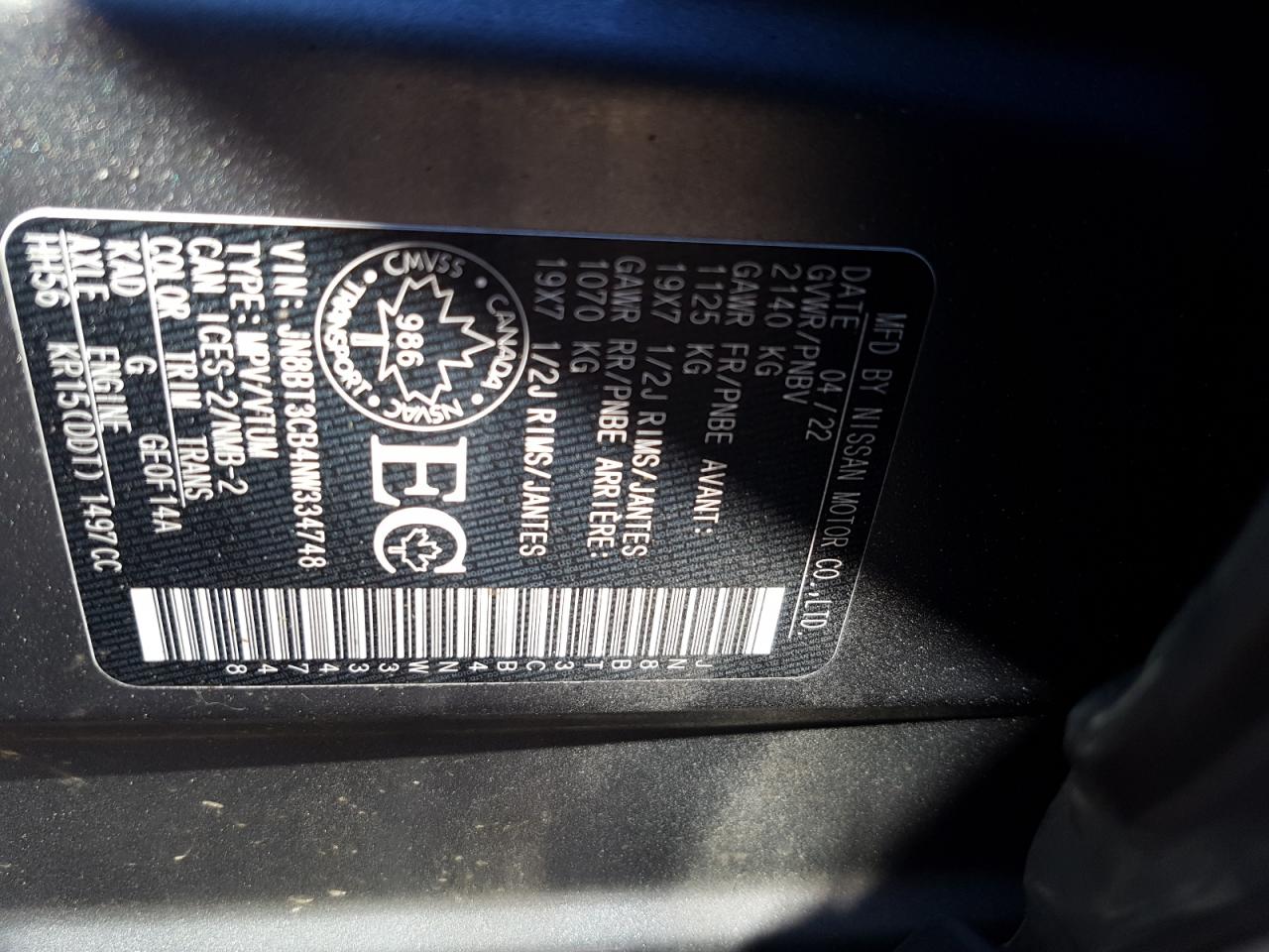 2022 NISSAN ROGUE SL VIN:JN8BT3CB4NW334748