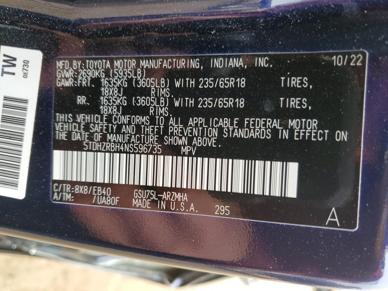 2022 TOYOTA HIGHLANDER XLE VIN:5TDHZRBH4NS596735