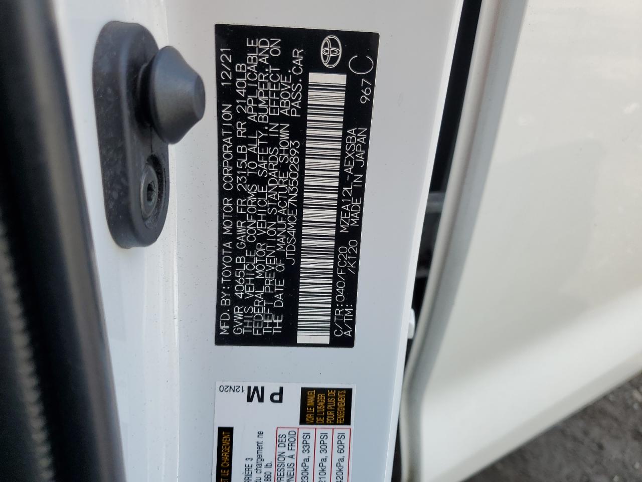 2022 TOYOTA COROLLA SE VIN:JTDS4MCE7N3502893