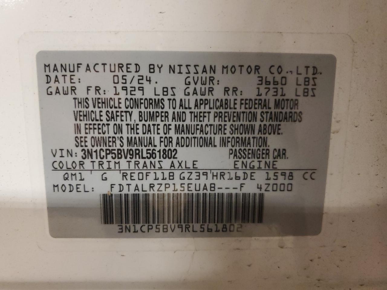 2024 NISSAN KICKS S VIN:3N1CP5BV9RL561802
