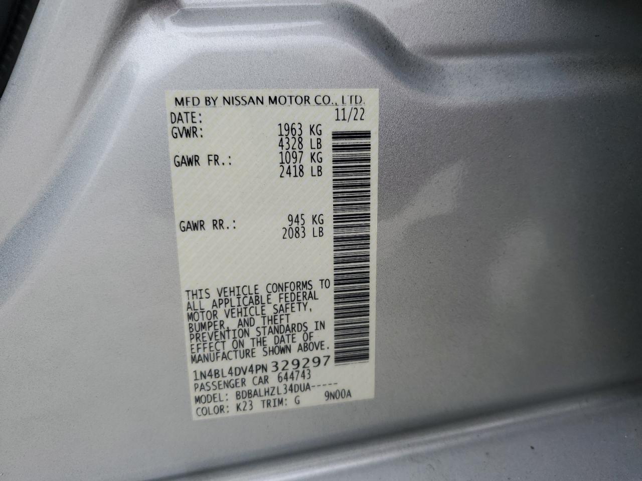 2023 NISSAN ALTIMA SV VIN:1N4BL4DV4PN329297